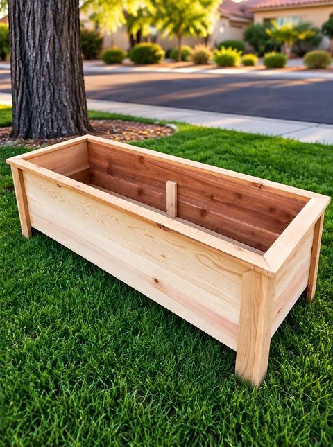 The same style of cedar planter from the other side, on a lawn by a tree